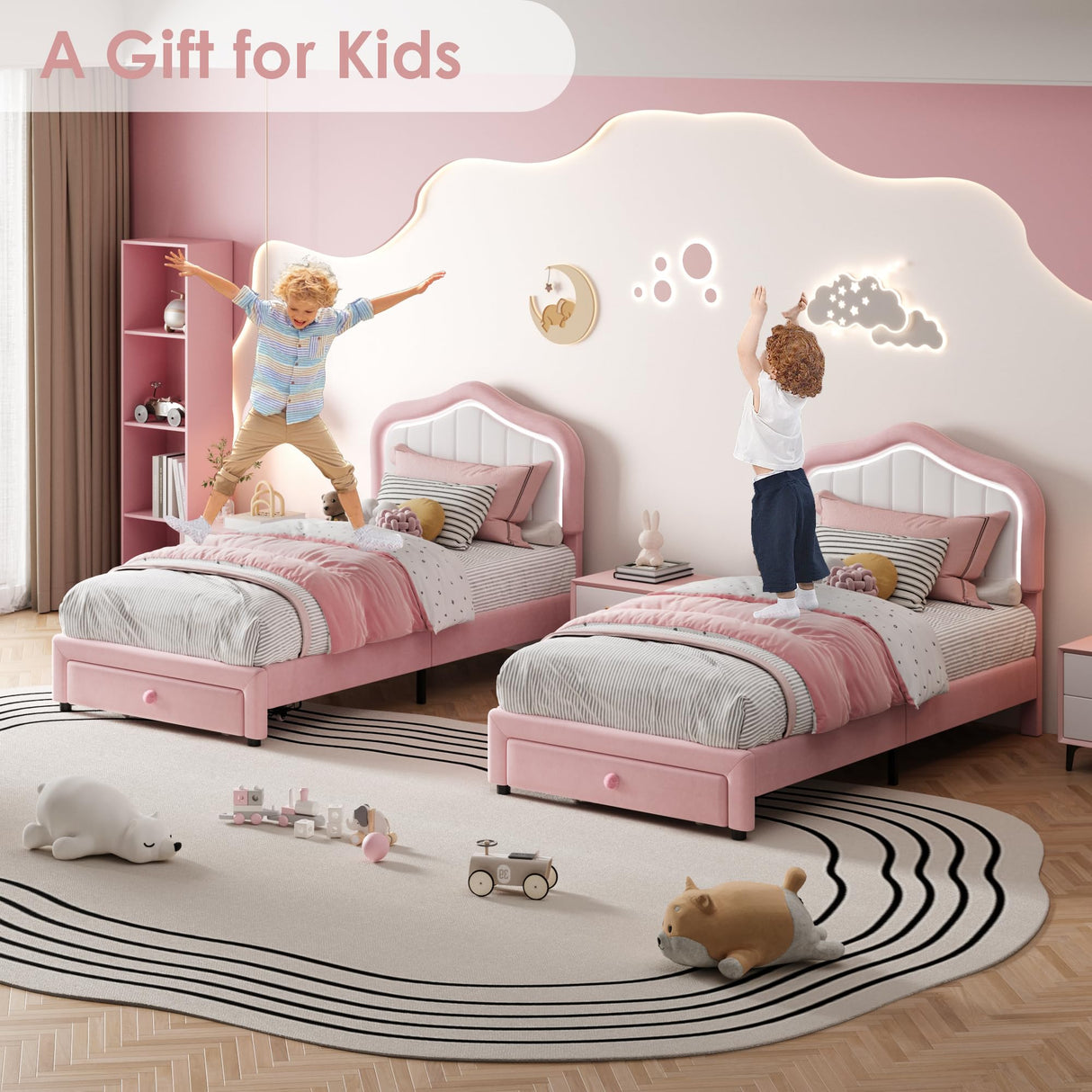 Twin Upholstered Bed Frame With Storage Drawer and Smart Led Headboard, Princess Twin Size Platform Bed Frames for Kids/Girls, Wooden Slats Support, No Box Spring Needed, Easy Assembly, Pink GarveeHome