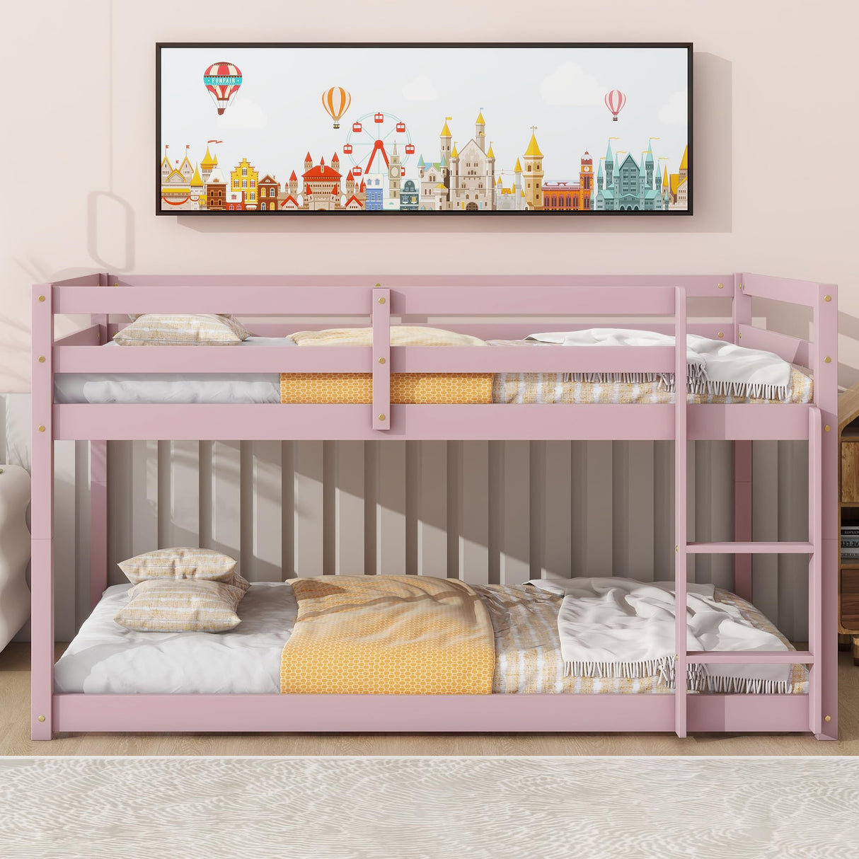 Harper & Bright Designs Low Bunk Beds Twin Over Twin Wood Twin Bunk Bed Frame with Safety Rail Ladder for Kids Bedroom Twin Floor Bunk Bed for Boys Girls Teens, Pink Harper & Bright Designs