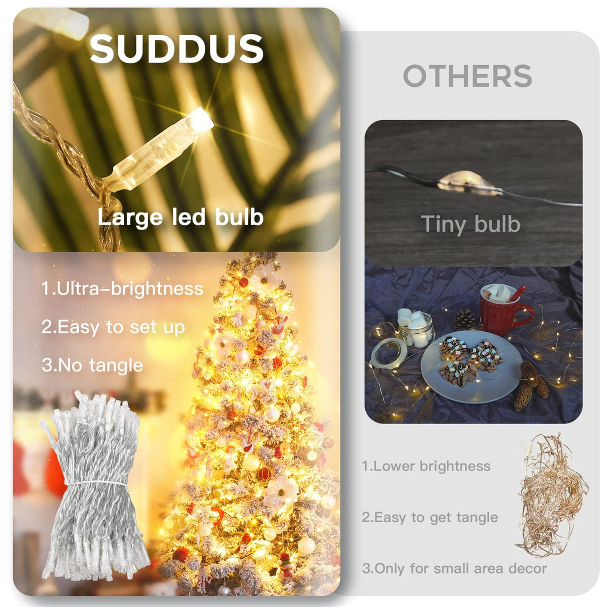 suddus 200 Led Christmas Lights Outdoor Waterproof, 66ft Fairy Lights Plug in Connectable, Warm White Christmas Lights Indoor for Xmas Tree Holiday Party Porch Decor suddus