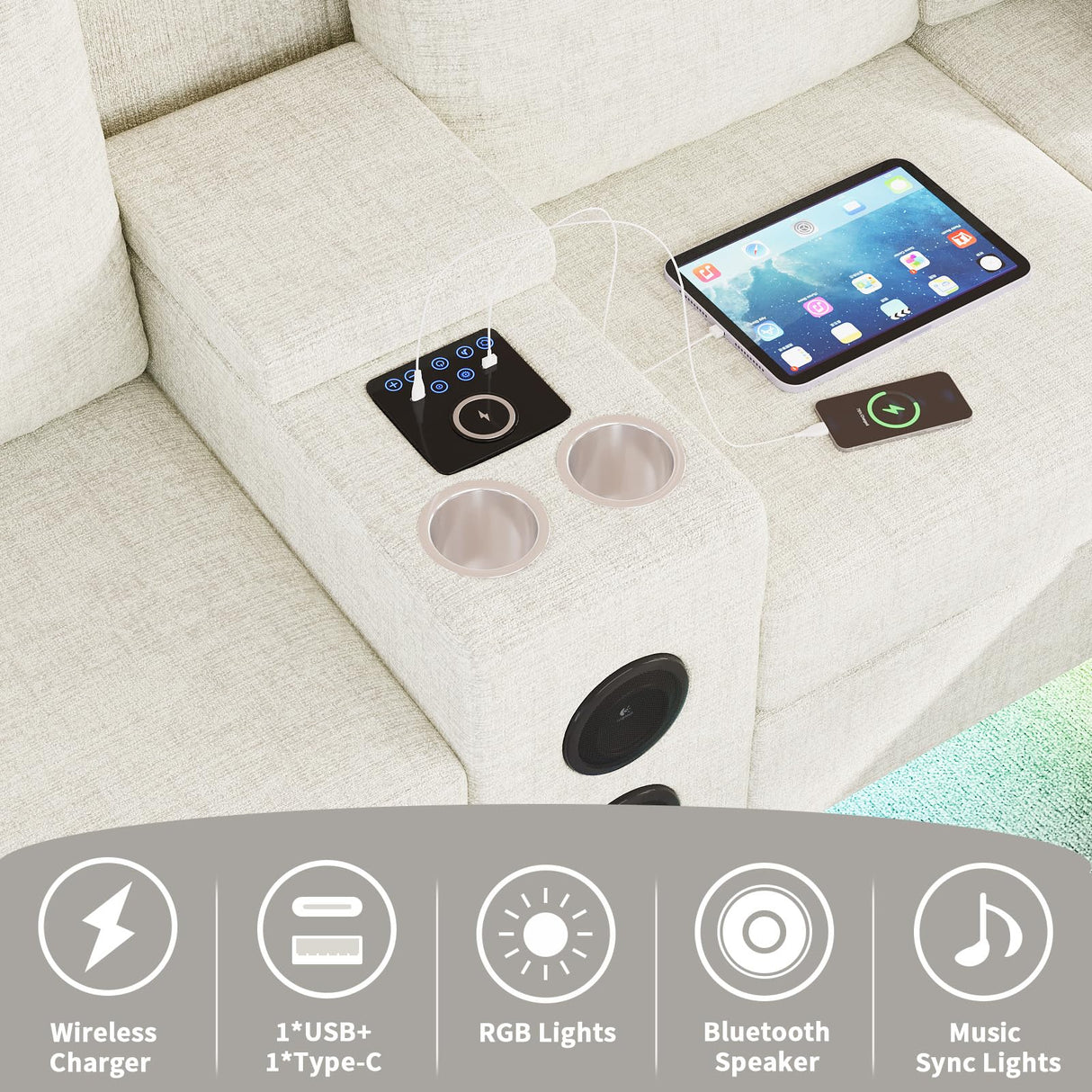 ZSDT Sectional Couches for Living Room, 6 Seat Sectional Sofa Smart Module-Bluetooth Speaker/RGB Light/Charging Station, Chenille U Shaped Couch with 2 Movable Storage Ottomans (Beige) ZSDT