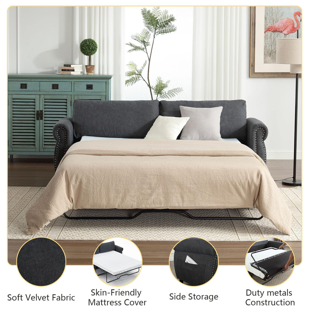 80.7" Pull Out Sofa Bed, 2-in-1 Velvet Queen Convertible Sleeper Couch with Memory Foam Mattress & Solid Wood Bed Frame, Large Pullout Couch Bed for Living Room, Apartment, Small Space,Dark Gray HANLIVES