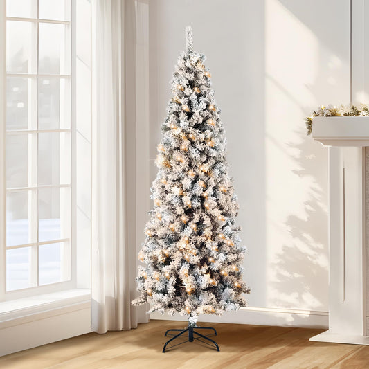 Annecy 6Ft Pre-Lit Flocked Pencil Christmas Tree, Artificial Fir Snow Slim Skinny Christmas Tree for Home, Office, Party Decoration w/ 618 Tips, 250 Warm White & Multi-Color Lights, Metal Hinges&Base