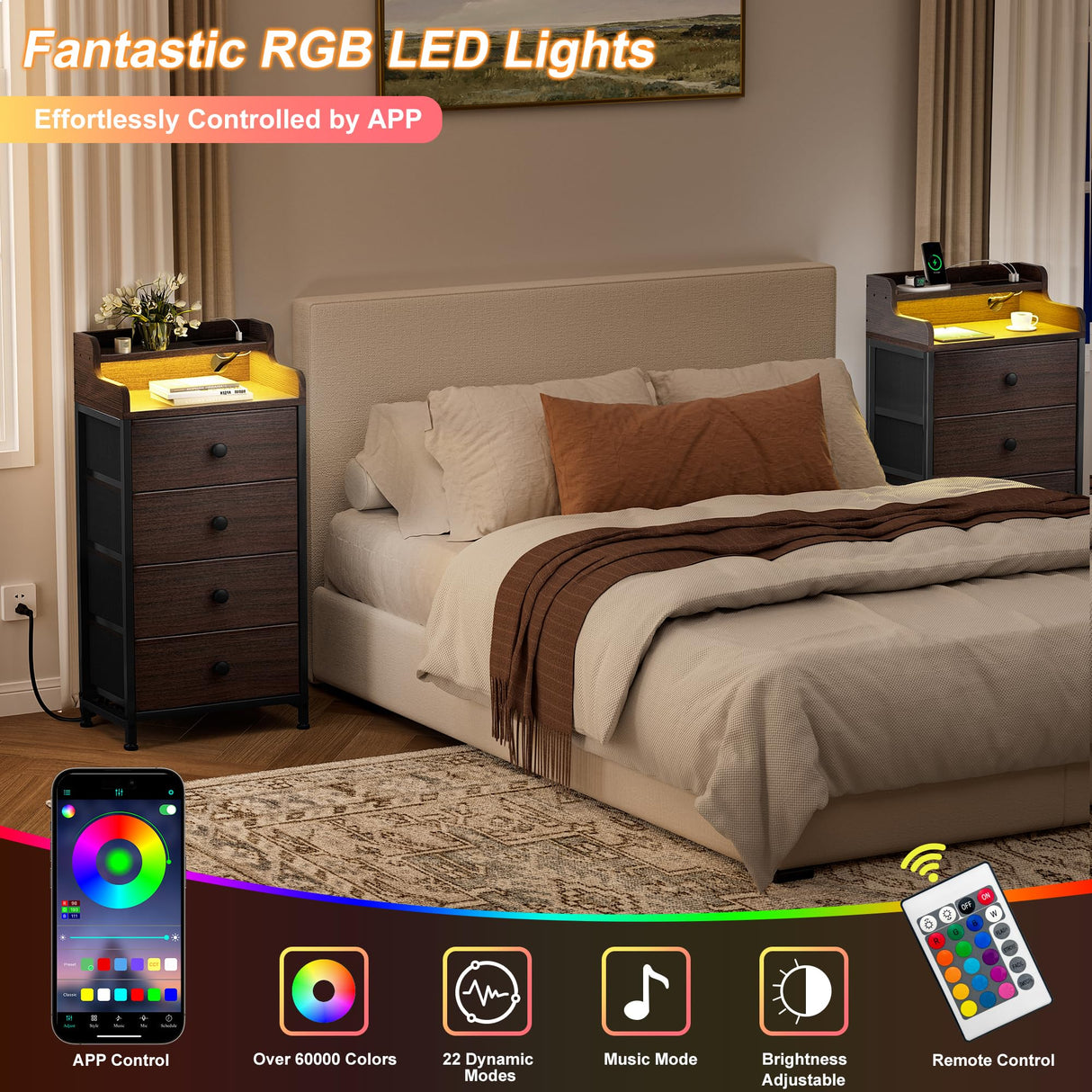 REAHOME Nightstand with Charging Station and LED Light, Tall Brown Night Stand with 4 Drawers and 2-Tier Shelf, Bedside Table with Sturdy Steel Frame Wood Top for Bedroom, Living Room - Brown REAHOME