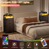 REAHOME Nightstand with Charging Station and LED Light, Tall Brown Night Stand with 4 Drawers and 2-Tier Shelf, Bedside Table with Sturdy Steel Frame Wood Top for Bedroom, Living Room - Brown REAHOME