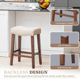 PrimeZone Counter Height Bar Stools Set of 2 - Backless Saddle Barstools with 4.3" Thick Upholstered, Nailhead Trim Linen Fabric & Solid Wood Legs, 26 Inch Counter Stools for Kitchen Island, Beige PrimeZone