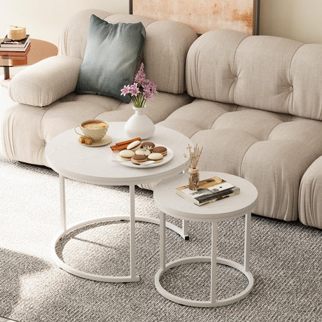 Garden 4 you Nesting Coffee Table, 23.6" Round Coffee Table Set of 2, Wooden Nesting Table Set with Metal Frame, Side Tables for Living Room Bedroom Balcony, White Garden 4 you