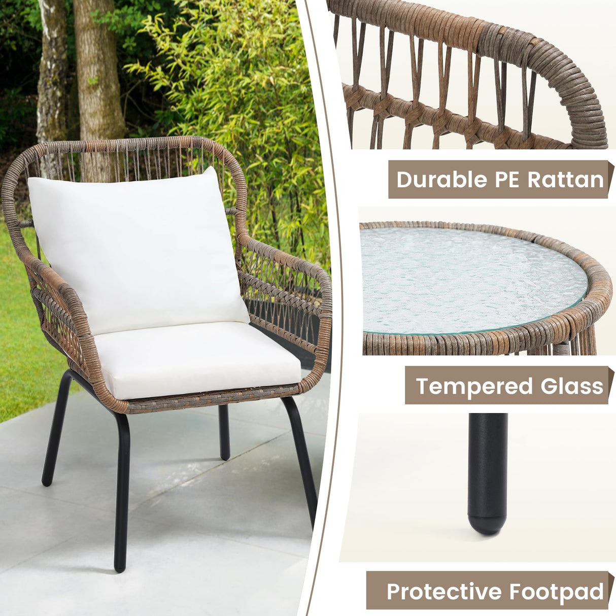 wildformers 3 Piece Rattan Wicker Bistro Set, Outdoor Conversation Furniture Set with Glass Top Table, Space Saving for Balcony, Backyard, Natural wildformers