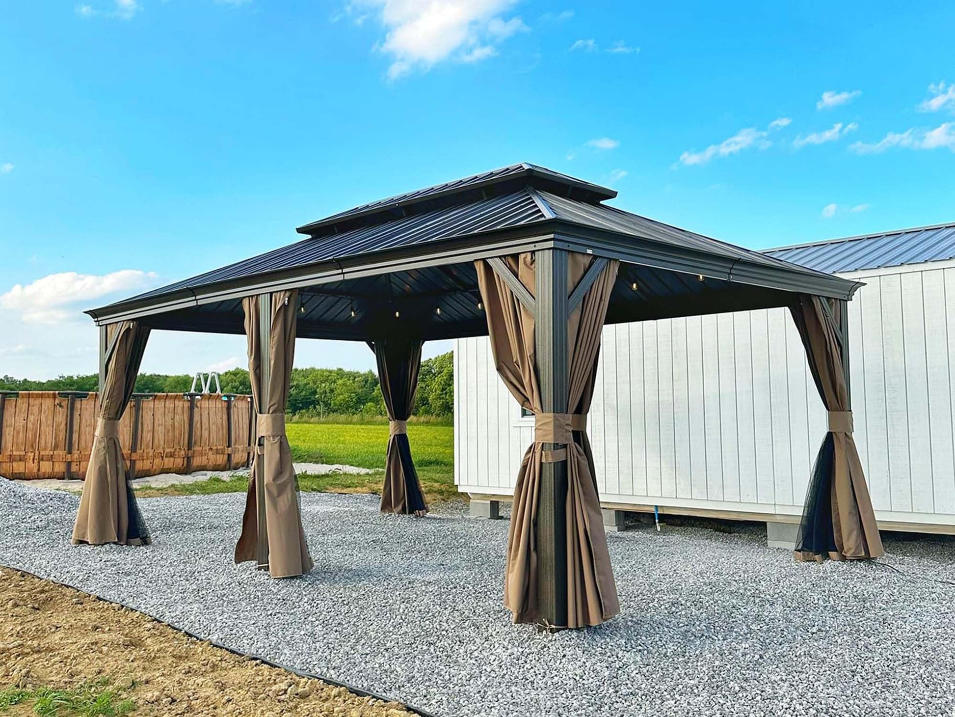 12' x 20' Hardtop Gazebo Outdoor Aluminum Gazebos with Galvanized Steel Double Canopy for Patios Deck Backyard,with Curtains&Netting by domi outdoor living Brown - WoodArtSupply