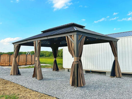 12' x 20' Hardtop Gazebo Outdoor Aluminum Gazebos with Galvanized Steel Double Canopy for Patios Deck Backyard,with Curtains&Netting by domi outdoor living Brown domi outdoor living