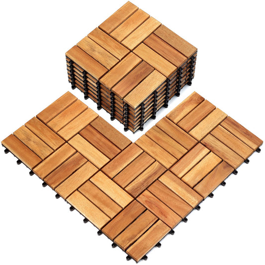 TimberWave Pack of 10 Deck Tiles, Solid Acacia Wood Floor Tiles, Patio Tiles Outdoor Interlocking Waterproof All Weather (12"x12" - 12 Slat, Golden Teak, 10)