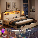 ROCHECASA King Size Bed Frame with Bookcase Storage and Drawers, Farmhouse Bed with High Headboard, Charging Station and LED Lights, No Box Spring Needed, Noise Free, Easy Assembly, Antique White ROCHECASA