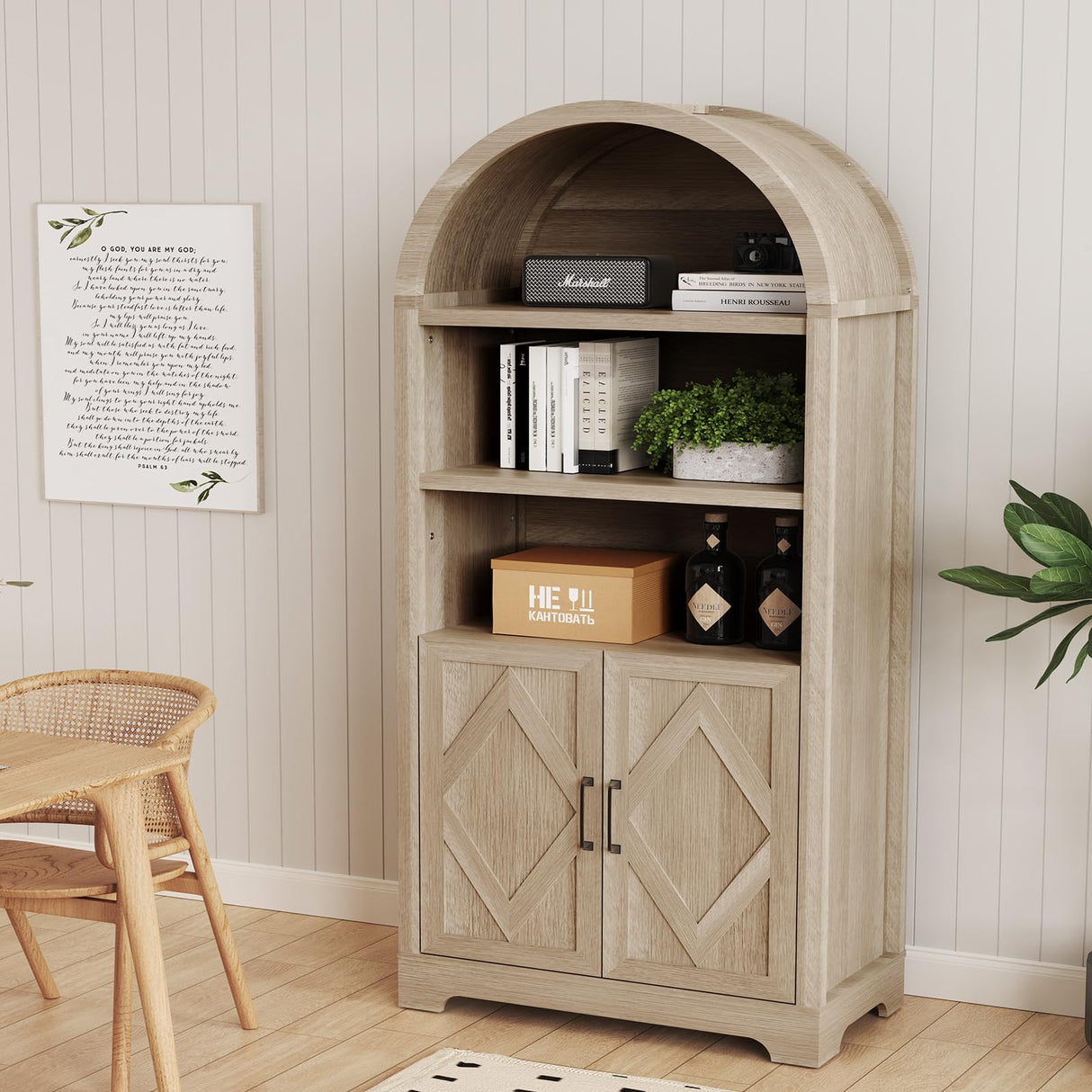 71" Tall Arched Bookcase with Storage, 5 Tier Mid-Century Modern Arched Cabinet with Doors, Farmhouse Wood Kitchen Pantry Cabinet with Open Adjustable Shelves, Bookshelf for Living Dining Room Sunny Heart