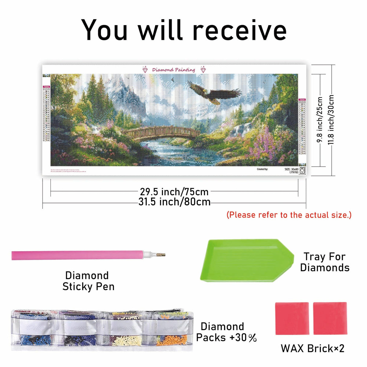 Kaliosy 5D Diamond Art Kits for Adults Eagle Animal, Large DIY Bridge Landscape Diamond Painting Full Round Drill Crystal Art - Craft Cross Stitch Embroidery for Home Wall Decor 11.81x31.5 inch Kaliosy