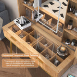 HSSZXFR 48" Fluted Makeup Vanity Desk with Mirror and Lights, Rustic Vanity Table with Modern Glass Top and Charging Station, Vanity Wooden 5 Drawers and Shelves Adjustable (Wood) HSSZXFR