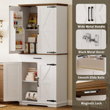 IRONCK Farmhouse Kitchen Pantry Cabinet, Tall Storage Cabinet with 6 Hanging Shelves and Adjustable Shelves, Freestanding Cupboard with Barn Doors for Kitchen, Dining Room， White/Walnut IRONCK