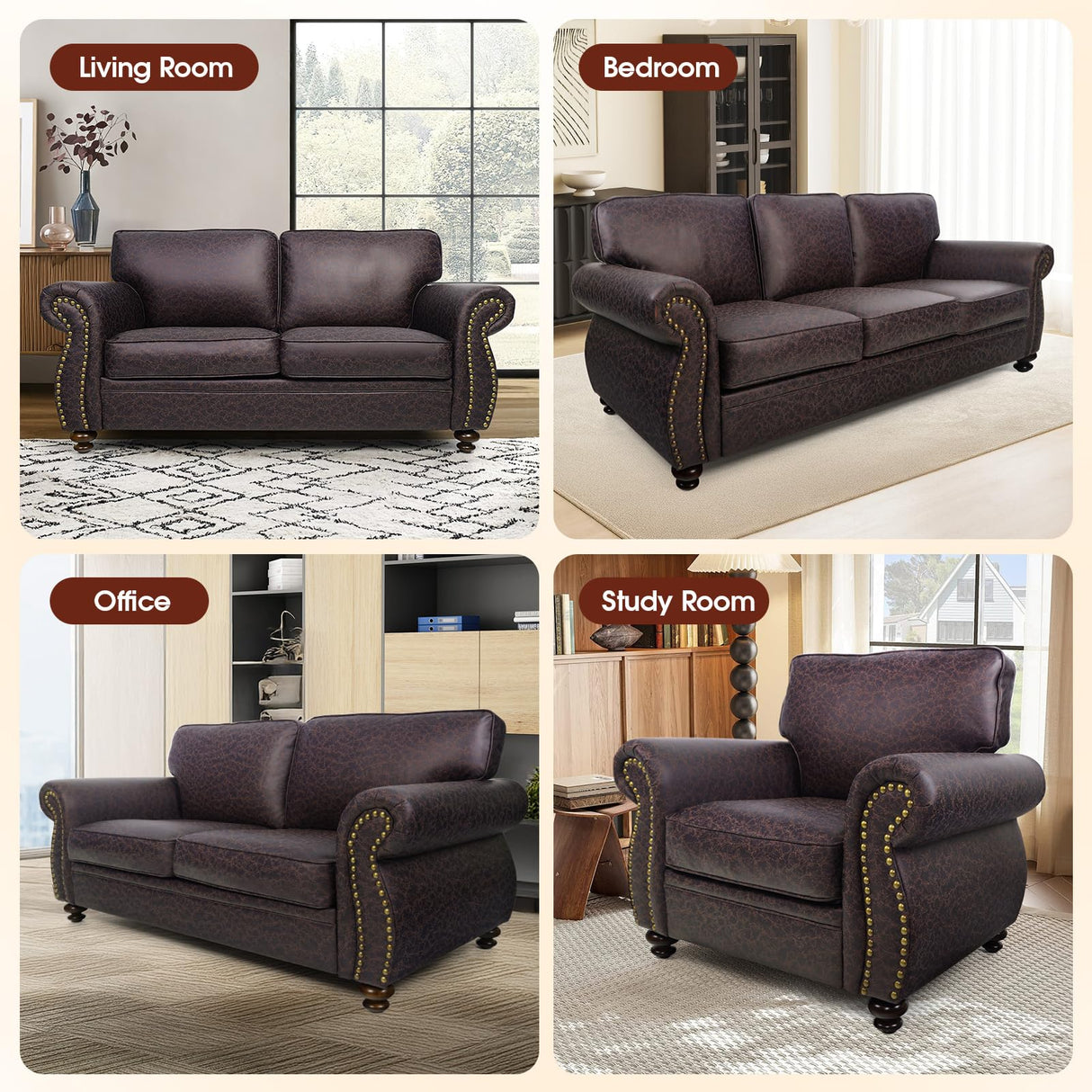 Couchus Mid-Century Vintage Sofa Couches with Rivet Design,loveseat Sofa,Removable Sofa Cover Upholstered Cushions and Solid Wood Frame (Brown, 3-Seater) Couchus