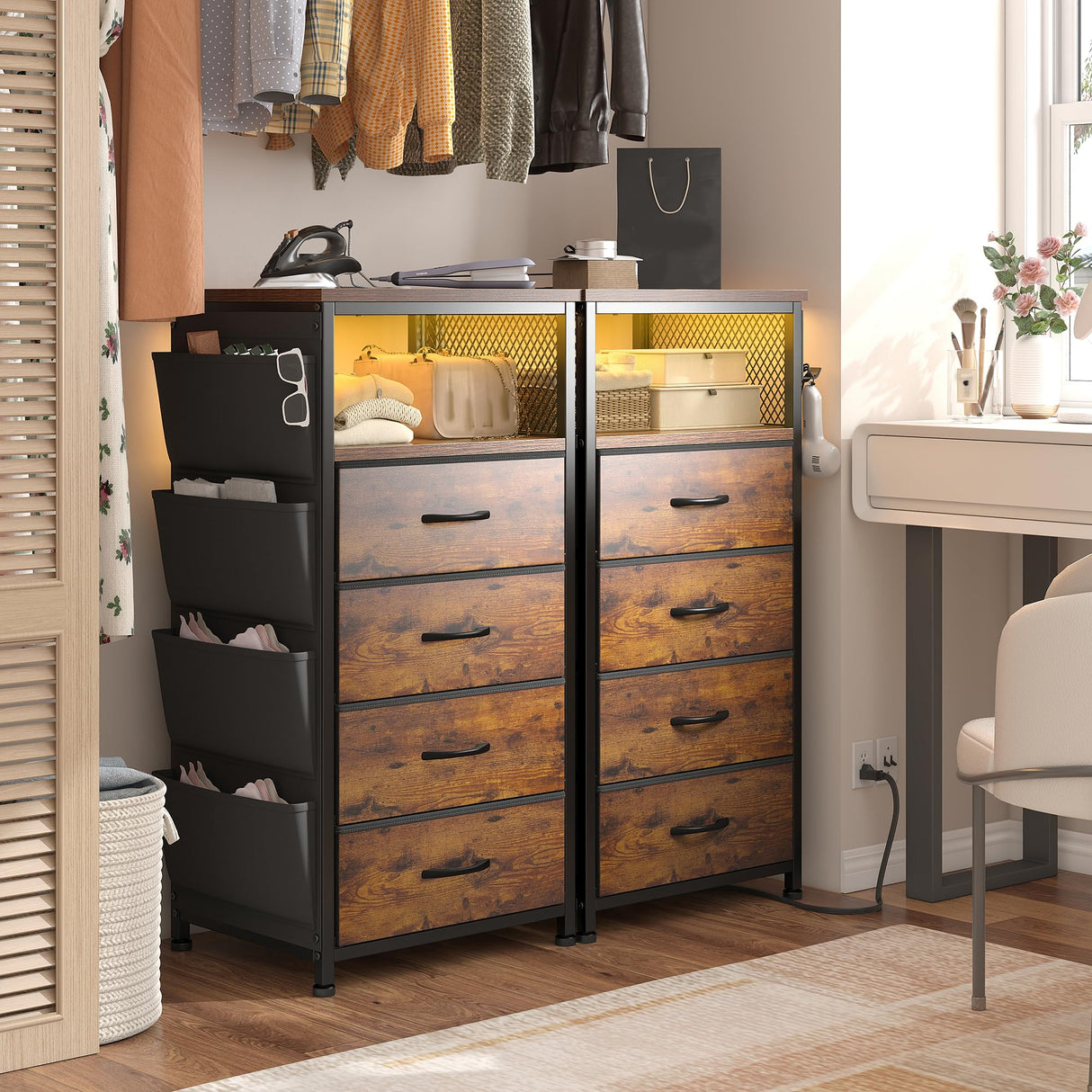 Dresser for Bedroom with Charging Station & LED Lights, 4 Storage Drawers with Side Pockets, Dressers & Chests of Drawers, Fabric Dresser Organizer Unit for Bedroom, Closet, Hallway, Entryway, Brown EnHomee