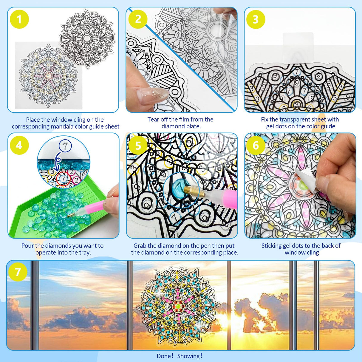 LINGFANG 4 Pcs Diamond Art Stained Glass Window Clings with Diamond DIY Pen Tools, Diamond Painting Window Stickers for Suncatchers, Diamond Art Kits for Adults, Diamond Art Accessories (Mandala 4) LINGFANG