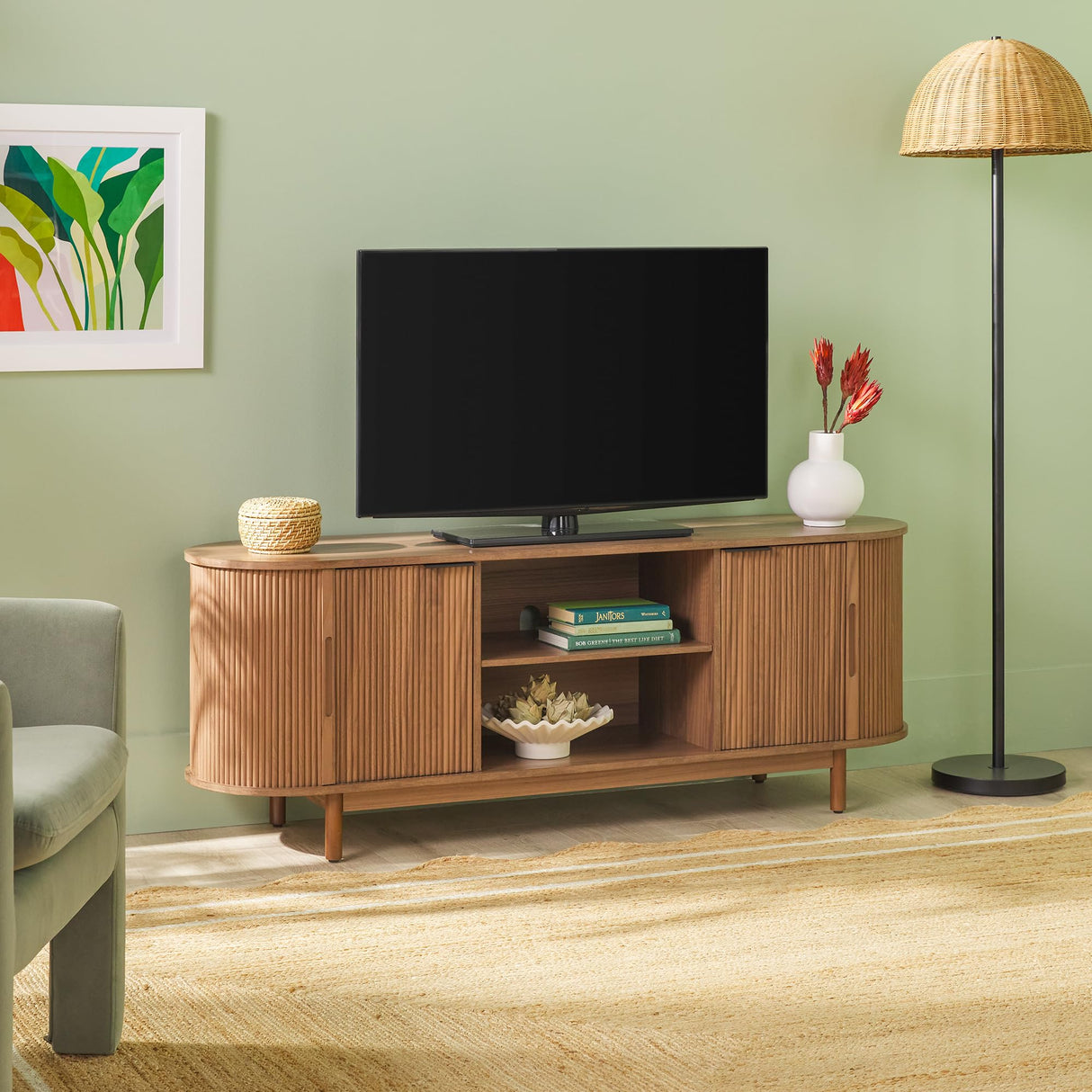 Walker Edison Chloe Curved Reeded TV Stand, Sliding Doors, 65 Inch, 60 inch, Mocha Walker Edison
