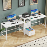GYIIYUO 93'' Two Person Desk with Charging Station, Long Desk with 3 Drawers and Printer Shelf, Double Computer Desk, Fabric Drawers, 2 Person Writing Study Table Workstation for Home Office, White GYIIYUO