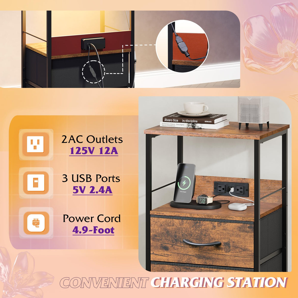 WLIVE Night Stand with Charging Station, LED Nightstand with 2 Fabric Drawers and Storage Shelf, Small Bedside Tables for Small Spaces, Dresser for Bedroom, Rustic Brown WLIVE