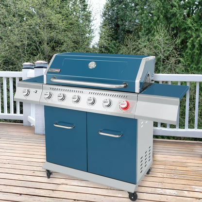 Royal Gourmet GA6402B 6-Burner Propane Gas Grill with Side Burner and Warming Rack, 74,000 BTUs, Cabinet Style Outdoor BBQ Grill for Barbecue Grilling & Backyard Cooking, Blue