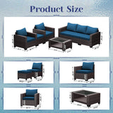 KIGOTY Patio Furniture Set 7 Pieces Conversation Sets, Outdoor Sectional Sofa, All-Weather PE Rattan Modular Sofa with Cushions and Glass Coffee Table（Brown/Peacock Blue,C） KIGOTY
