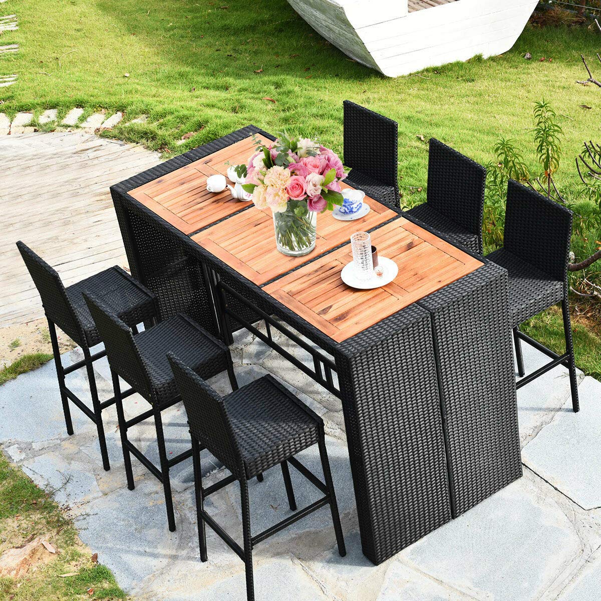 Tangkula 7-Piece Black Outdoor Wicker Dining Set with Acacia Wood Table and Removable Cushions - WoodArtSupply