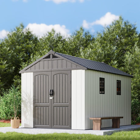 Patiowell 8x12 FT Outdoor Storage Shed, Plastic Shed Resin Garden Shed with Floor & Window & Lockable Door for Patio Furniture, Backyard Tools, Bicycles & Lawnmower, Beige Patiowell