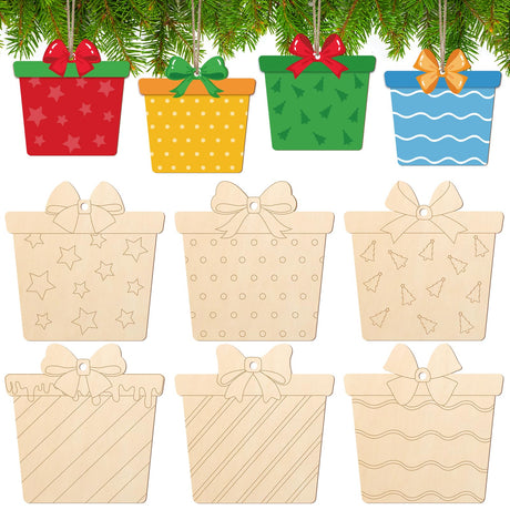 COCHIE Wooden Christmas Ornaments to Paint for Kids Adults Set of 24, Xmas Unfinished Wood Crafts for Painting, DIY Paintable Christmas Cutouts Slices for Craft with Ropes (Gift Boxes) COCHIE