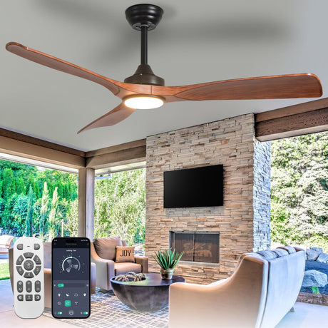 BvenuBigLite Outdoor Ceiling Fan with Light: 52 Inch 3 Blade Outdoor Fans for Patios - Modern Walnut Ceiling Fan with Dimmable Light Remote APP Control Ultra Quiet Reversible DC Motor Timer BvenuBigLite