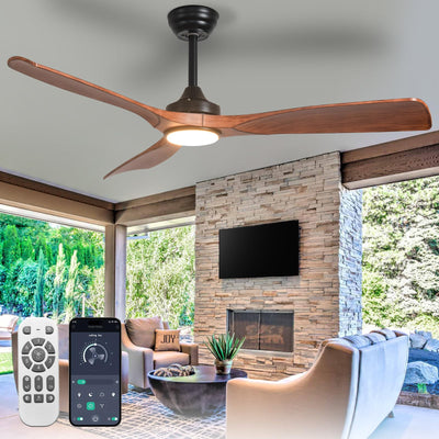 BvenuBigLite Outdoor Ceiling Fan with Light: 52 Inch 3 Blade Outdoor Fans for Patios - Modern Walnut Ceiling Fan with Dimmable Light Remote APP Control Ultra Quiet Reversible DC Motor Timer
