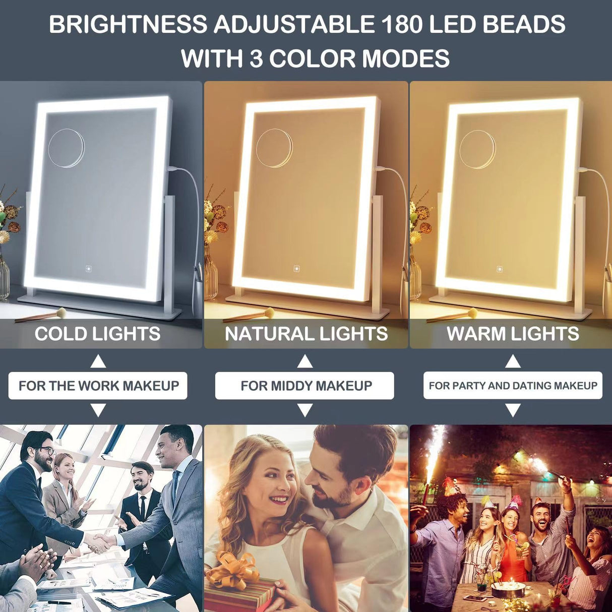 Gvnkvn 15.2" Lighted Makeup Mirror Hollywood Vanity Mirror with Lights, Three Color Modes,Detachable 10X Magnification Mirror, Smart Touch Control, 360°Rotation White Gvnkvn