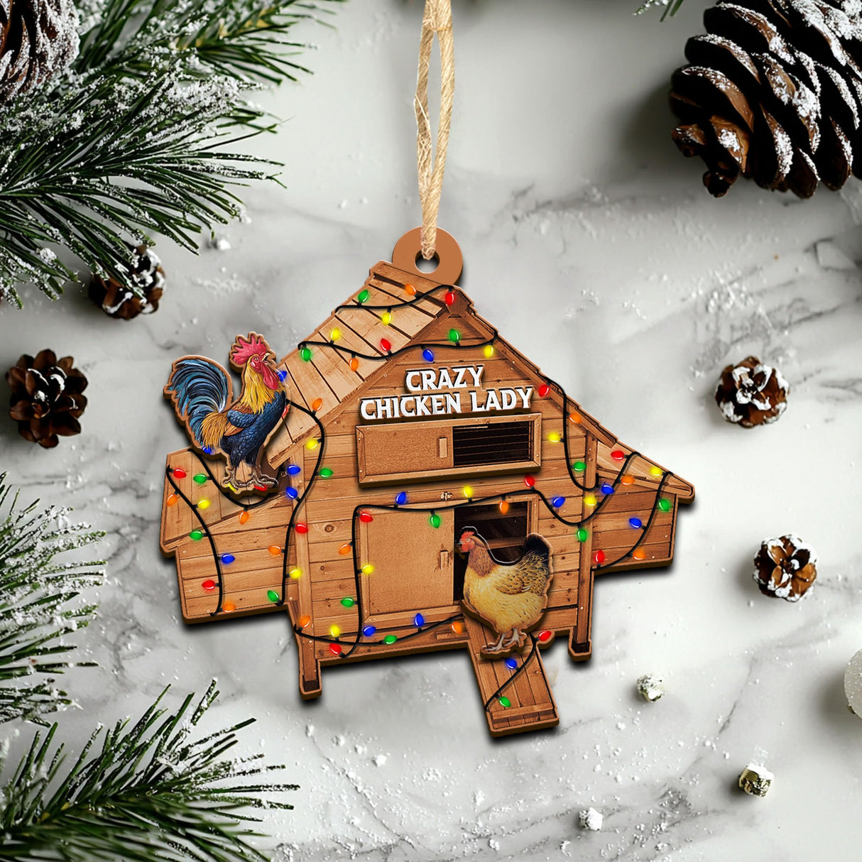 ROLOL Chicken Coop Ornaments, Funny Christmas Ornament Farmhouse Countrycore Seasonal Decor, Gift for Farmer, 2-Layer Wooden Ornaments 3.5 Inches ROLOL