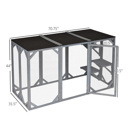 PawHut Outdoor Cat House, Catio Wooden Feral Cat Shelter, Cat Cage with Platforms, Large Enter Door, Weather Protection Asphalt Roof, 71" L, Gray - WoodArtSupply