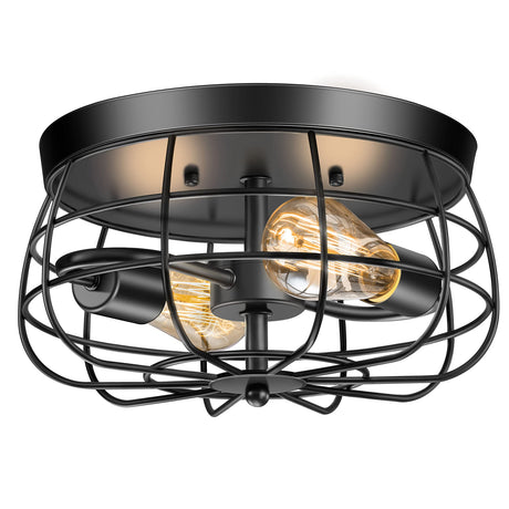 Lomoky 2-Light Farmhouse Ceiling Light Fixtures Flush Mount, Industrial Hallway Ceiling Light, Vintage Black Metal Cage Ceiling Lamp for Living Room, Kitchen, Bedroom, UL Listed Lomoky
