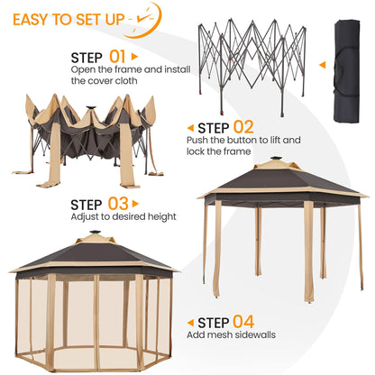 Yaheetech 13×13 Pop-Up Patio Gazebo Tent W/Mesh Netting Sides & 25 Solar LED Lights, Hexagonal Double Vented 3 Height Adjustable Gazebo with Storage - WoodArtSupply