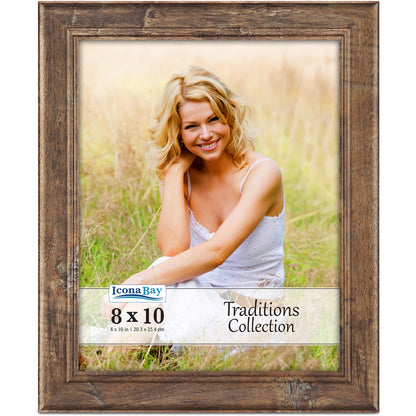 Icona Bay 8x10 Chestnut Brown Picture Frame, Rustic Wood Pattern, Lightly Distressed Frame for Table Top Display or Wall Mount, Traditions Collection