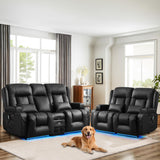 TUNYI Power Loveseat Recliner Sofa, Faux Leather Reclining Sofa with Console RV Reclining Loveseat Couch with USB/Outlet/Storage/Side Pocket/LED Light/Speaker (Black, Loveseat) TUNYI