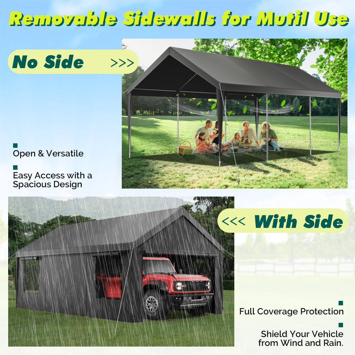 Velway Carport 12x20ft Heavy-Duty Canopy - Portable Garage Metal Carport Featuring Galvanized Frame Waterproof & UV-Protected Tarp with Removable Sidewalls & Doors for Car, Truck, Boat Velway