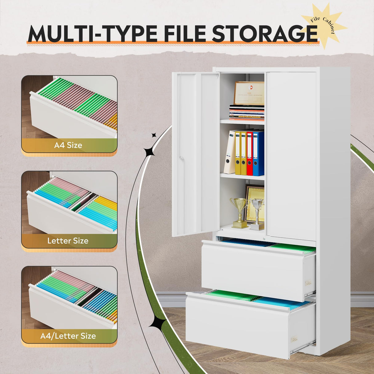 DEVAISE 71" Metal Storage Cabinet, 2-Drawer Lateral File Cabinet with Lock, Adjustable Shelves & Doors, White Garage Storage Cabinet, Heavy Duty Tall Cabinet for Home Office, Garage Organization DEVAISE