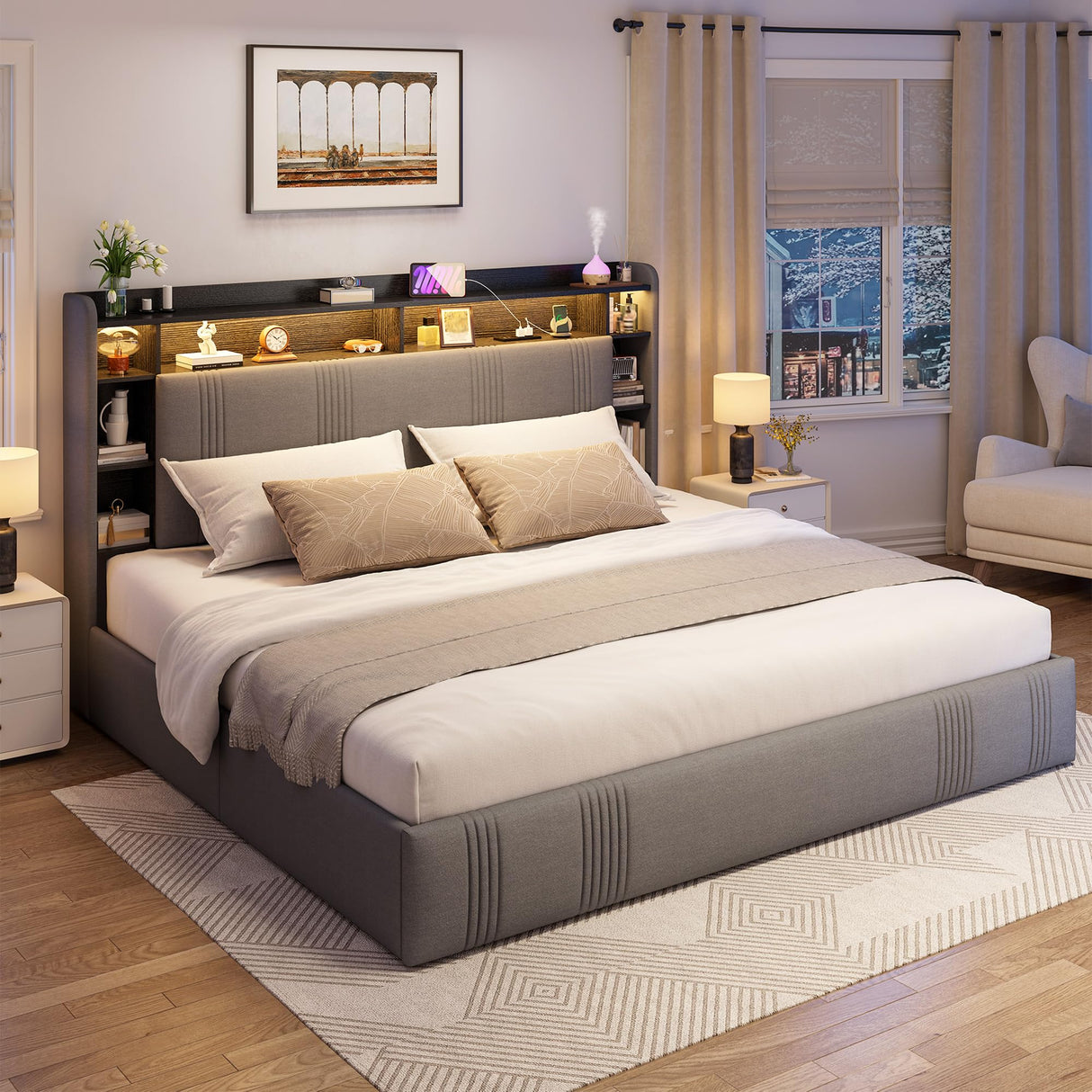 EnHomee King Size Bed Frame with 4 Storage Drawers, Upholstered Platform King Bed Frame and Headboard, King Bed Frame with LED Lights & Charging Station, Noise Free,No Box Spring Needed,Beige, Grey EnHomee