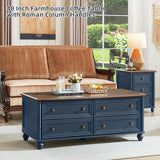 RWYHG 48" Farmhouse Coffee Table with Hidden Storage,Wooden Coffee Tables with 4 Drawers & Roman Column Handle,Rectangular Rustic Center Table with Solid Wood Curved Legs for Living Room,Office,Blue RWYHG