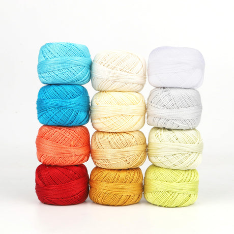 AMOHilos Size 8 Double Mercerized Egyptian Long Staple Cotton Pearl Thread 12 Gradient Colors per Box 5 Grams Ball Rainbow Color Embroidery Thread for Crochet Cross Stitch Hand Embroidery (12S) AMOHilos