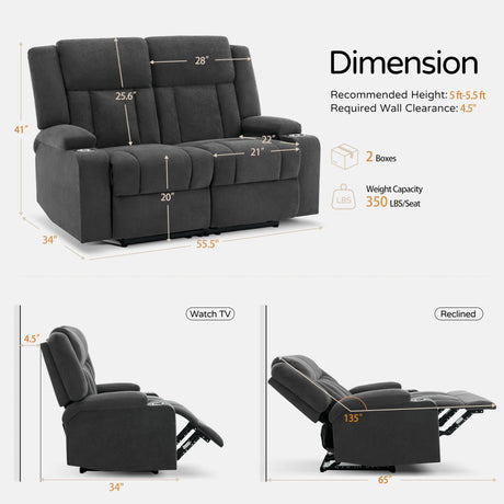 AIWOEN Recliner Loveseat Sofa with Cup Holders, 2-Seater Fabric Reclining Couch, Manual Recliner Wall Hugger for Living Room, Small Spaces, Home Theater (Dark Gray) AIWOEN