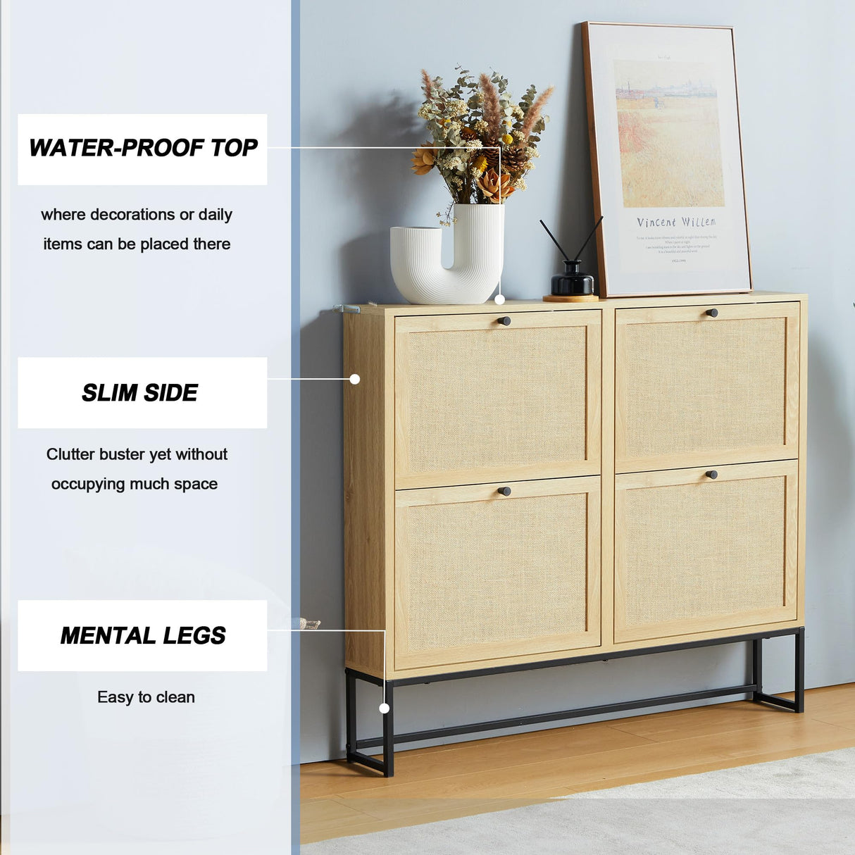 NVETHM Shoe Cabinet, Shoe Storage Cabinet with 4 Flax Flip Drawers and Mental Legs,Shoe Rack Free Standing Shoe Organizer for Entryway, Living Room (Natural) NVETHM