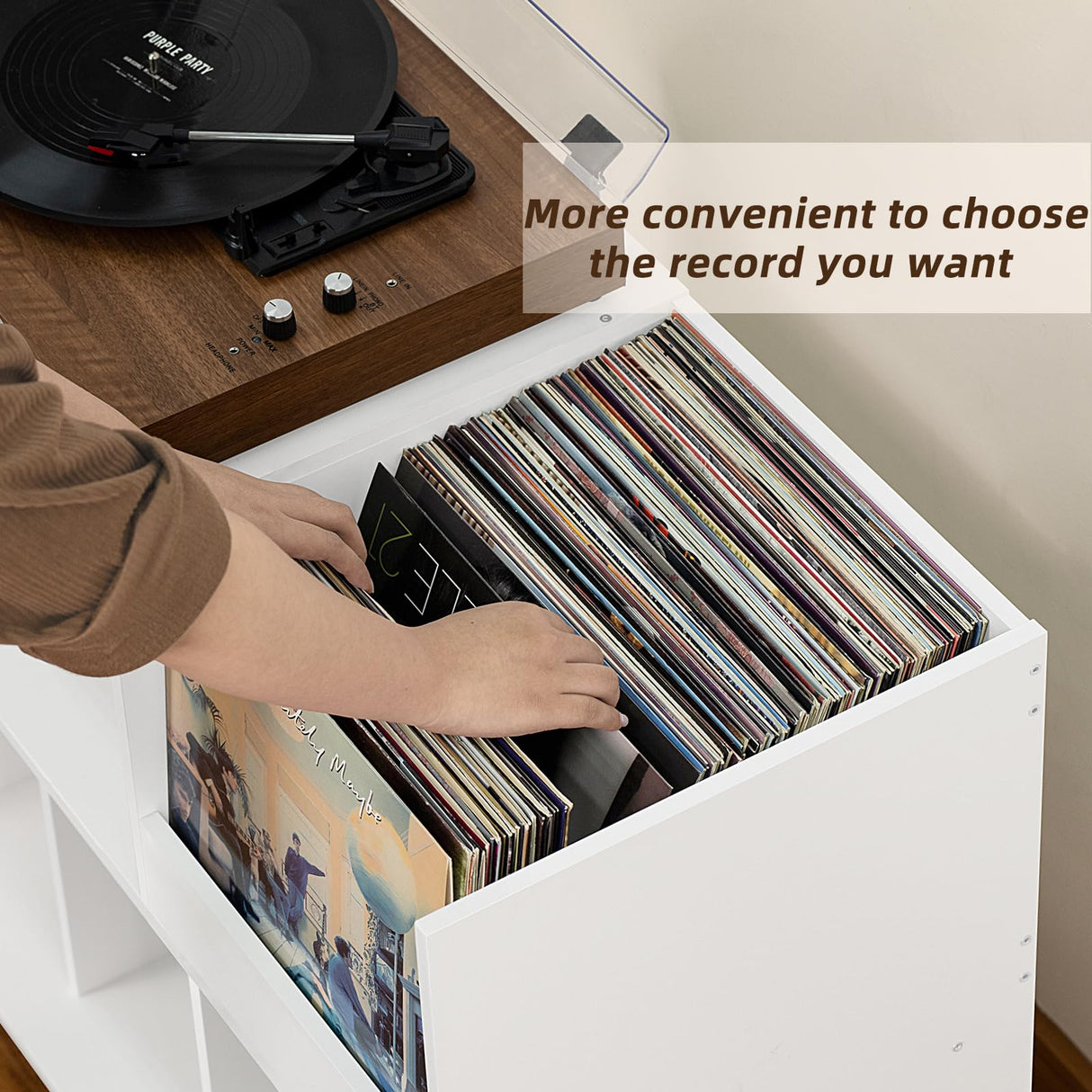 LELELINKY Large Record Player Stand, Turntable Stand with Storage, Vinyl Record Holder with Display Area, Record Player Table Holds Up to 300 Albums, Record Stand for Music room Living Room-White LELELINKY