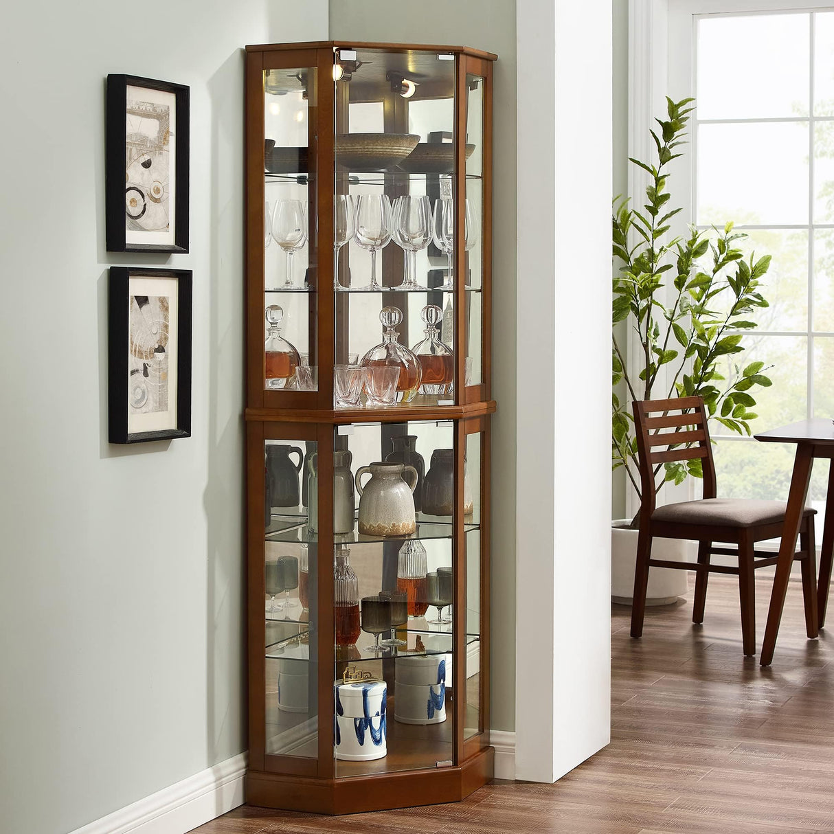 Zoyoleader Corner Curio Cabinet with Adjustable Tempered Glass Shelves, Mirrored Back, Display Cabinet,E26 Light Bulb not Included (Natural, Dark Walnut) Zoyoleader