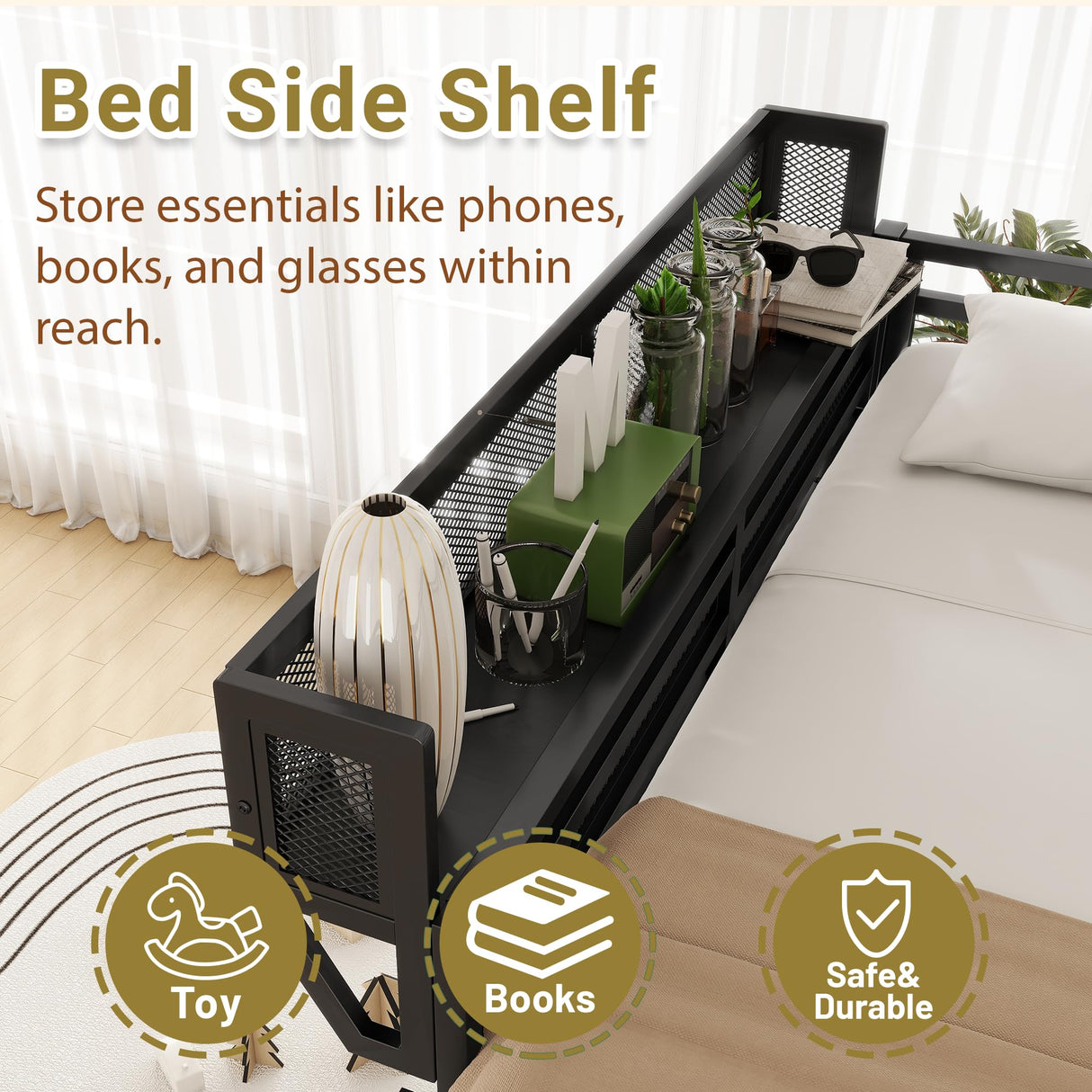 Queen Size Loft Bed with Storage Shelves & Soft Foam Ladder, Metal High Loft Bed with Large Under-Bed Space & Guardrail, Heavy-Duty Modern Beds for Adults Teens and Kids, No Box Spring Needed, Black Aurnienofus