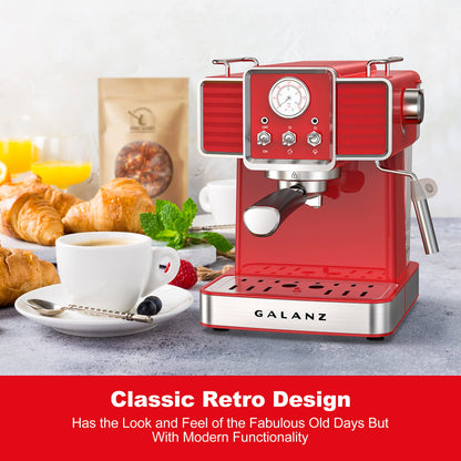 Galanz Retro Espresso Machine with Milk Frother, 15 Bar Pump Professional Cappuccino and Latte Machine, 1.5L Removable Water Tank, Retro Red, 1350 W